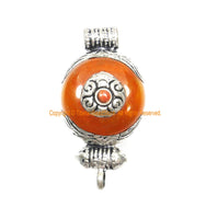 Small Ethnic Tibetan Amber Resin Ghau Amulet Charm Pendant with Tibetan Silver Caps, Repousse Floral Detail & Coral Inlay Accent - WM7961