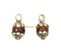 2 PENDANTS - Ethnic Tibetan Carnelian Gemstone Charm Pendants with Repousse Tibetan Silver Metal Floral Caps - WM7985R-2