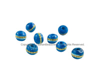 8 BEADS - 8mm Tibetan Turquoise Color Bone Beads with Metal Inlays - Ethnic Nepal Tibetan Green Bone Beads - LPB148T-8