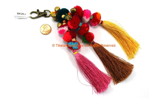 Luxury Pom Pom Tassels - Handmade Multi-colored Pom Pom Long Silk Tassels with Spring Clip - Boho Long Tassels - Bag Tassels - BK26V
