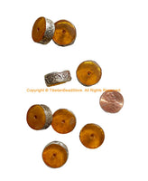 4 BEADS - Tibetan Amber Color Resin Beads with Repousse Tibetan Silver Rings - Ethnic Nepal Tibetan Tribal Beads - B1030B-4