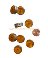 2 BEADS - Tibetan Amber Color Resin Beads with Repousse Tibetan Silver Rings - Ethnic Nepal Tibetan Tribal Beads - B1030B-2