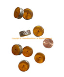 4 BEADS - Tibetan Amber Color Resin Beads with Repousse Tibetan Silver Rings - Ethnic Nepal Tibetan Tribal Beads - B1030B-4