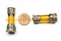 1 BEAD Tibetan Amber Resin Bead with Antiqued Repousse Tibetan Silver Caps - Ethnic Nepal Tibetan Tribal Amber Barrel Beads - B3081