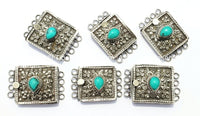 Ethnic Tribal Tibetan Repousse Carved Tibetan Silver Clasp with Turquoise Inlay & Floral Details - Unique Ethnic Tibetan Clasps - B2716