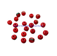 20 BEADS 9mm-10mm Red Bone Inlaid Tibetan Beads with Metal, Stone Inlays - Red Bone Inlaid Beads - Tibetan Bone Beads - LPB13R-20