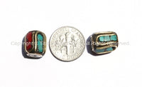 2 BEADS Nepal Tibetan Brass Bead with Turquoise & Coral Inlay 10-12mm x 9-11mm - B1140-2