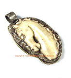 Carved Bone Horse Pendant - Ethnic Tibetan Carved Bone Horse Pendant with Tibetan Silver Lotus Detail - Handmade Tibetan Jewelry - WM7787A