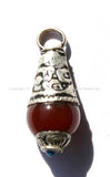 Tibetan Carnelian Drop Amulet Pendant with Repousse Tibetan Silver Caps & Turquoise Accent - WM3706