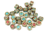 10 BEADS Ethnic Tibetan Beads with Brass, Turquoise, Coral Inlays - TibetanBeadStore - Brass Inlay Beads Nepal Tibetan Beads B2769-10