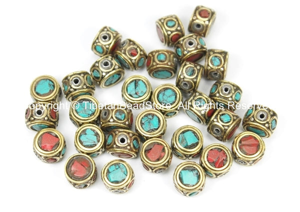 10 BEADS Ethnic Tibetan Beads with Brass, Turquoise, Coral Inlays - TibetanBeadStore - Brass Inlay Beads Nepal Tibetan Beads B2769-10