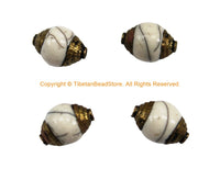 4 BEADS - Tibetan White Crackle Resin Beads with Repousse Brass Caps - Tibetan Beads Pendants Jewelry - TibetanBeadStore - B901B-4