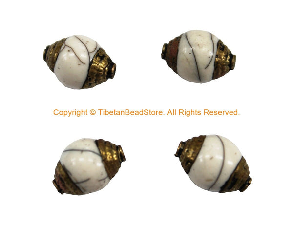 4 BEADS - Tibetan White Crackle Resin Beads with Repousse Brass Caps - Tibetan Beads Pendants Jewelry - TibetanBeadStore - B901B-4