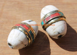 2 BEADS - Ethnic Tibetan Thick Oval Naga Conch Shell Beads with Brass Rings, Turquoise & Coral Inlays - Artisan Handmade Beads - B1894-2