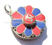 Tibetan OM Mantra Flower Ghau Prayer Box Amulet Pendant with Lapis & Coral Inlays - Tibetan OM Pendant - Handmade Tibetan Jewelry - WM5165MC