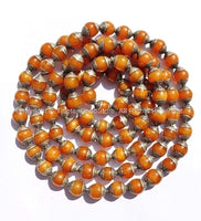 2 BEADS - Tibetan Amber Color Resin Beads with White Metal Caps - Ethnic Tribal Tibetan Beads - B2135S-2