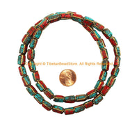 4 BEADS - Handmade Ethnic Nepal Tibetan Beads with Brass, Turquoise, Coral Inlays - B3527-4