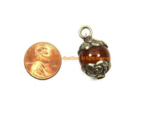 AS IS Ethnic Tibetan Old Carnelian Round Charm Pendant with Repousse Carved Tibetan Silver Floral Caps - WM7985I
