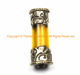 1 BEAD Tibetan Amber Resin Bead with Antiqued Repousse Tibetan Silver Caps - Ethnic Nepal Tibetan Tribal Amber Barrel Beads - B3081B-1