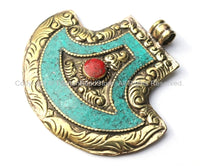LARGE Ethnic Tibetan Brass Tribal Style Pendant with Repousse Floral Details, Turquoise & Coral Inlays - Tibetan Pendant Jewelry - WM5532