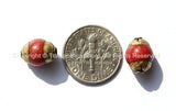 4 BEADS - Small Tibetan Red Jade Beads with Brass Caps - 7mm x 10mm - Ethnic Nepal Tibetan Artisan Handmade Beads - B1826-4