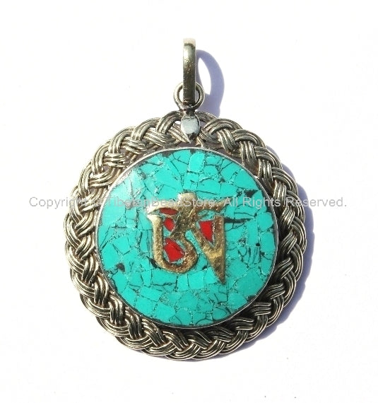 Tibetan Om Mantra Pendant with Braided Border, Turquoise & Coral Inlay - WM1220