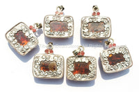 Tibetan Rectangular Box-shaped Amber Copal Resin Pendant with Repousse Tibetan Silver & Copal Accents - Ethnic Amber Focal Pendant - WM4058