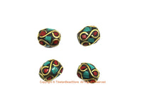 4 BEADS Turquoise, Coral, Brass Inlaid Beads - Tibetan Beads Inlaid Beads Tribal Beads - Handmade Inlay Beads - TibetanBeadStore - B3454-4