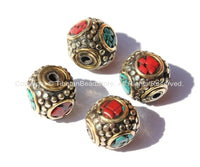 2 beads - Tibetan Studded Cube Box Beads with Brass, Tibetan Silver, Turquoise & Coral Inlays - Ethnic Nepal Tibet Tribal Beads - B1945-2