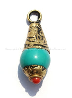 5 PENDANTS - Small Ethnic Tibetan Turquoise Resin Charm Pendants with Brass Caps and Red Copal Accent - Turquoise Charm Amulet Pendants - WM4008-5