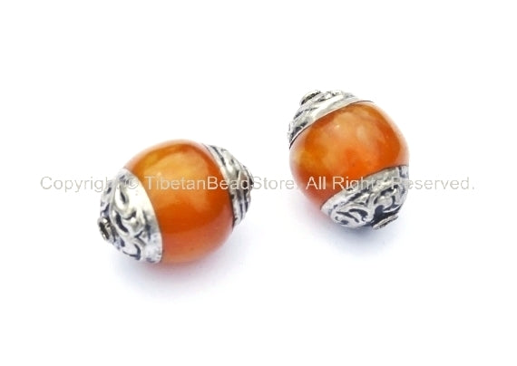2 BEADS - Tibetan Amber Resin Beads with Tibetan Silver Caps - Amber Beads -Tibetan Beads Pendants Jewelry - TibetanBeadStore - B910-2