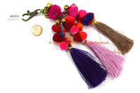 Luxury Pom Pom Tassels - Handmade Multi-colored Pom Pom Long Silk Tassels with Spring Clip - Boho Long Tassels - Bag Tassels - BK26Q