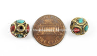 4 BEADS Nepal Tibetan Beads with Brass, Turquoise, Coral Inlays - TibetanBeadStore - Brass Inlay Beads Nepal Tibetan Beads - B2757-4