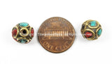 4 BEADS Nepal Tibetan Beads with Brass, Turquoise, Coral Inlays - TibetanBeadStore - Brass Inlay Beads Nepal Tibetan Beads - B2757-4