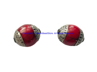 2 BEADS - BIG Tibetan Red Crackle Resin Beads With Silver Caps - Tibetan Beads - Ethnic Beads - B701-2