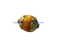 1 BEAD Tibetan Amber Beads - Big Amber Color Resin Bead with Repousse Floral Tibetan Silver Metal Caps - Ethnic Tribal Beads - B3234-1