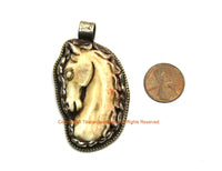 Carved Bone Horse Pendant - Ethnic Tibetan Carved Bone Horse Pendant with Tibetan Silver Lotus Detail - Handmade Tibetan Jewelry - WM7787B