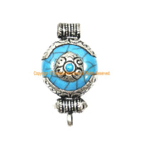 Small Ethnic Tibetan Blue Resin Ghau Amulet Charm Pendant with Tibetan Silver Caps, Repousse Auspicious Conch & Bead Inlay Accent - WM7957