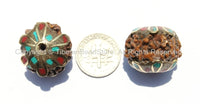 2 BEADS - Tibetan Natural Rudraksha Seed Beads with Brass, Turquoise & Coral Inlaid Caps - Ethnic Handmade Tibetan Beads - B2085-2