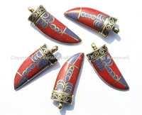 Long Tibetan Lapis, Coral, Copal & Brass Horn Tusk Pendant with Brass Cap - Ethnic Tribal Boho Tibetan Horn Pendant - WM5004