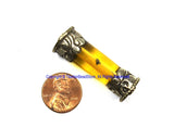 1 BEAD Tibetan Amber Resin Bead with Antiqued Repousse Tibetan Silver Caps - Ethnic Nepal Tibetan Tribal Amber Barrel Beads - B3511-1