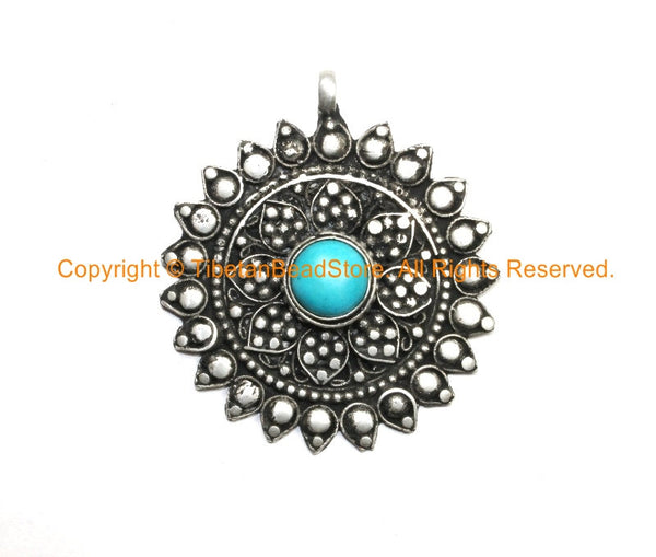 Nepalese Antiqued Floral Style Pendant with Howlite Turquoise Inlay - Handmade Ethnic Nepal Tibetan Jewelry - WM7004