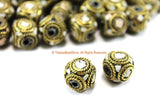 2 BEADS Tibetan Beads with Brass & White Howlite Inlays - Inlaid Box Cube Beads - Ethnic Nepal Tibetan Beads by TibetanBeadStore - B3330-2