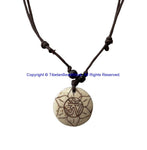 OM Mantra & Auspicious Lotus Flower Design Carved Bone Pendant Necklace on Adjustable Cord - Ethnic Tribal Handmade Boho Jewelry - HC166S
