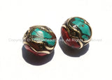 2 BEADS - Tibetan Oval Beads with Brass, Turquoise & Coral Inlays - B2356-2