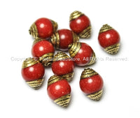 10 BEADS - Tibetan Red Jade Beads with Handmade Repousse Brass Caps - Tibetan Beads - TibetanBeadStore - B1411-10