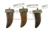 Tibetan Carved Brown Bone Small Horn Pendant with Silver Toned Cap - Boho Jewelry Tibetan Style Bone Horn Pendant - WM7313A
