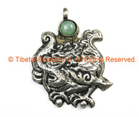 Ethnic Tribal Nepal Antique Look Repousse Tibetan Silver Guardian Deity Pendant with Onyx Inlay - Handmade Nepal Tibet Jewelry - WM7212
