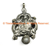 Ethnic Tribal Antique Look Repousse Tibetan Dragon Pendant with Moonstone Inlay - TibetanBeadStore - Handmade - Unisex Jewelry - WM7231