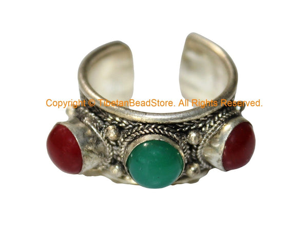 Tibetan Adjustable 3 Stone Ring (Green Onyx, Red Onyx) - Handmade Ethnic Ring Boho Ring Statement Ring Tibetan Jewelry- R345F